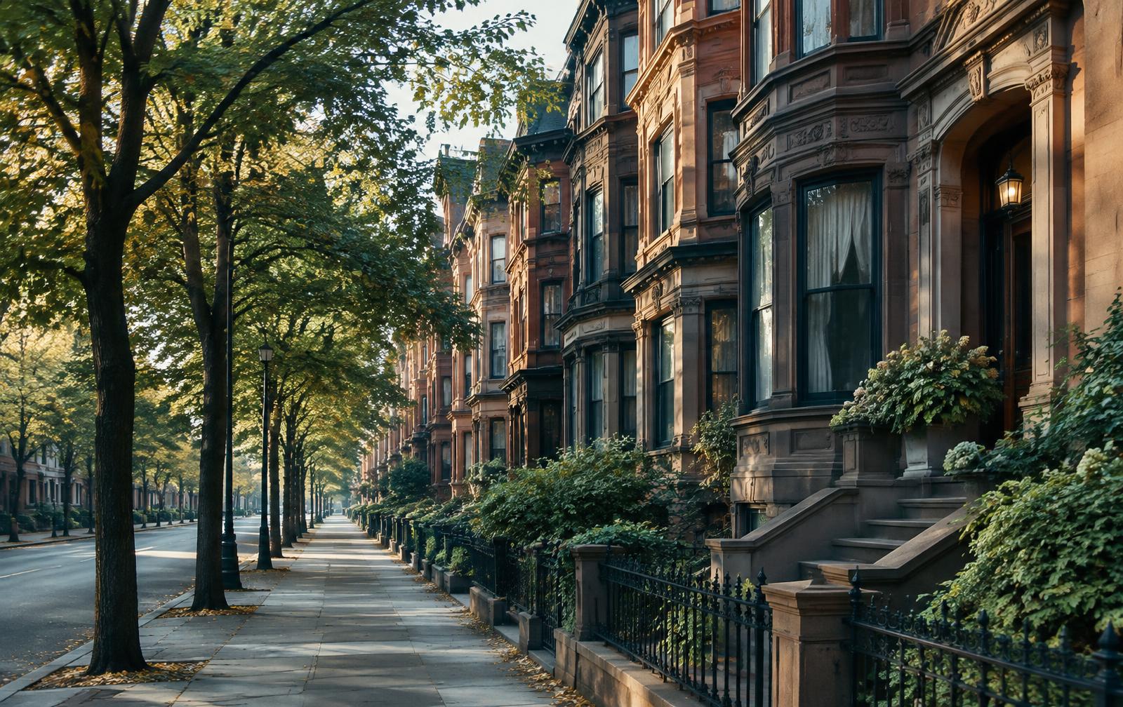 Tree-lined Boston brownstone street